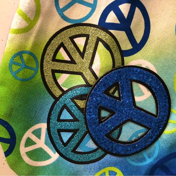 Blue Green Peace Sign Cotton Canvas Crossbody Shoulder Bag Bohemian Hippie Bag - Picture 3 of 14